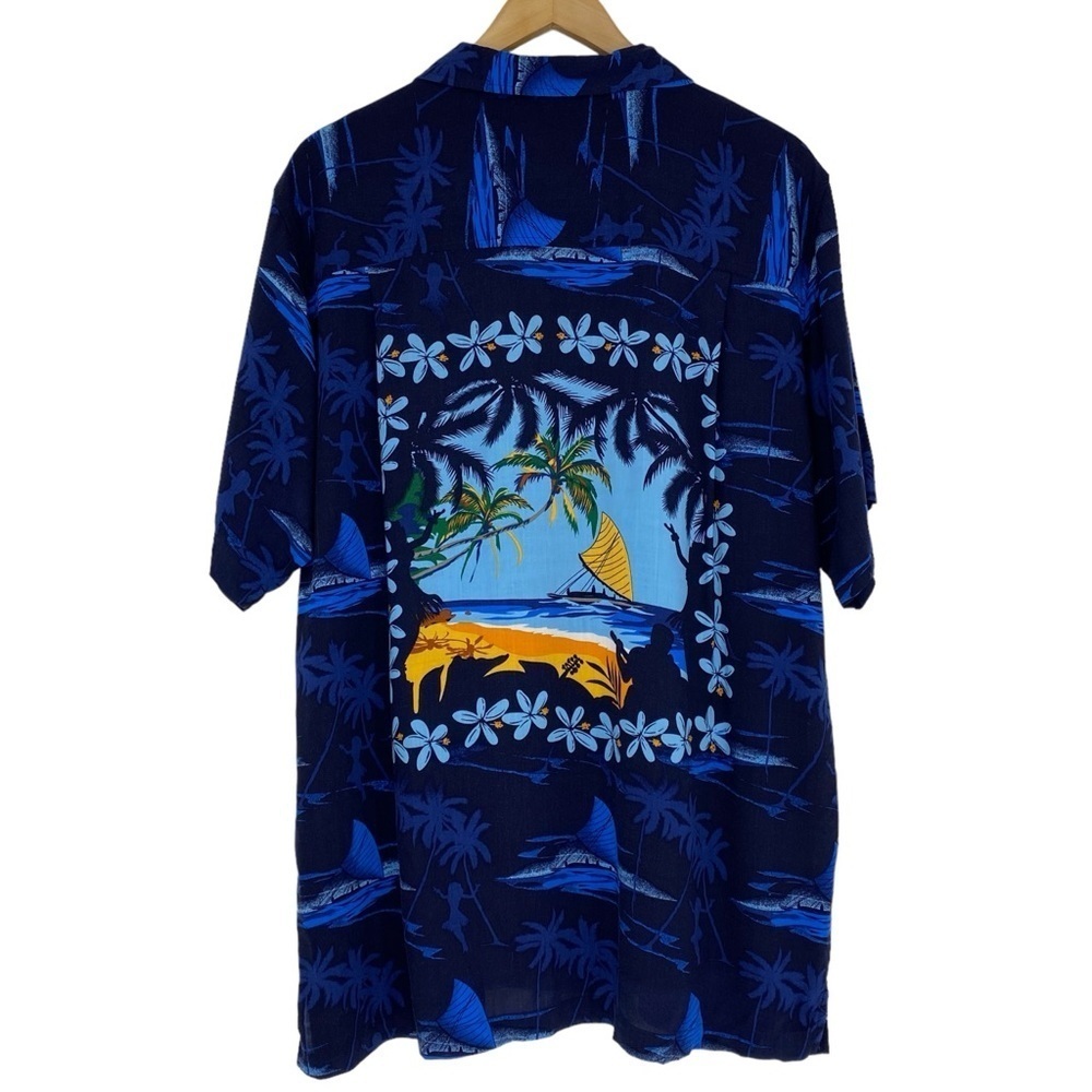 Cherokee Waikiki Wear blue Hawaiian tropical hula lady boat men's shirt sz large